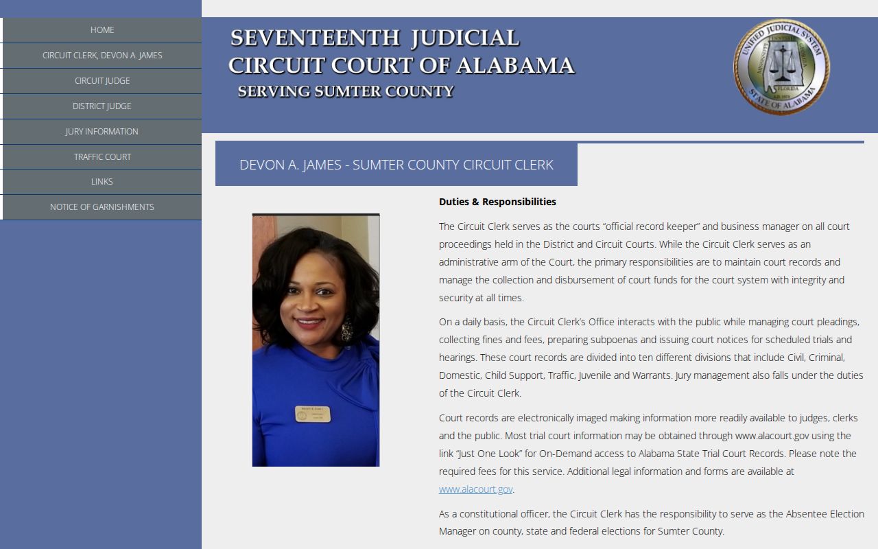Official Sumter Circuit Clerk page listing warrants and criminal divisions