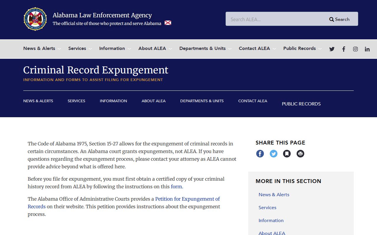 Official ALEA criminal record expungement guidance