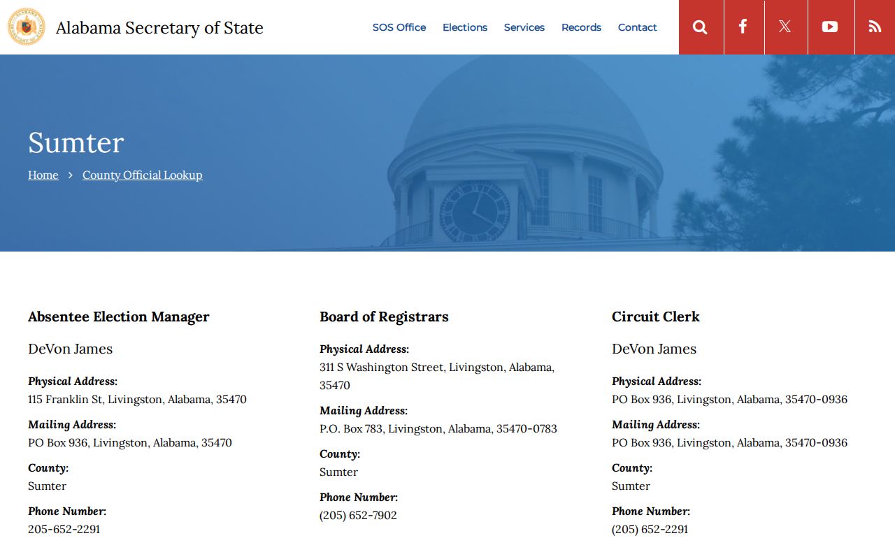 Official Alabama lookup showing Sumter sheriff contact information