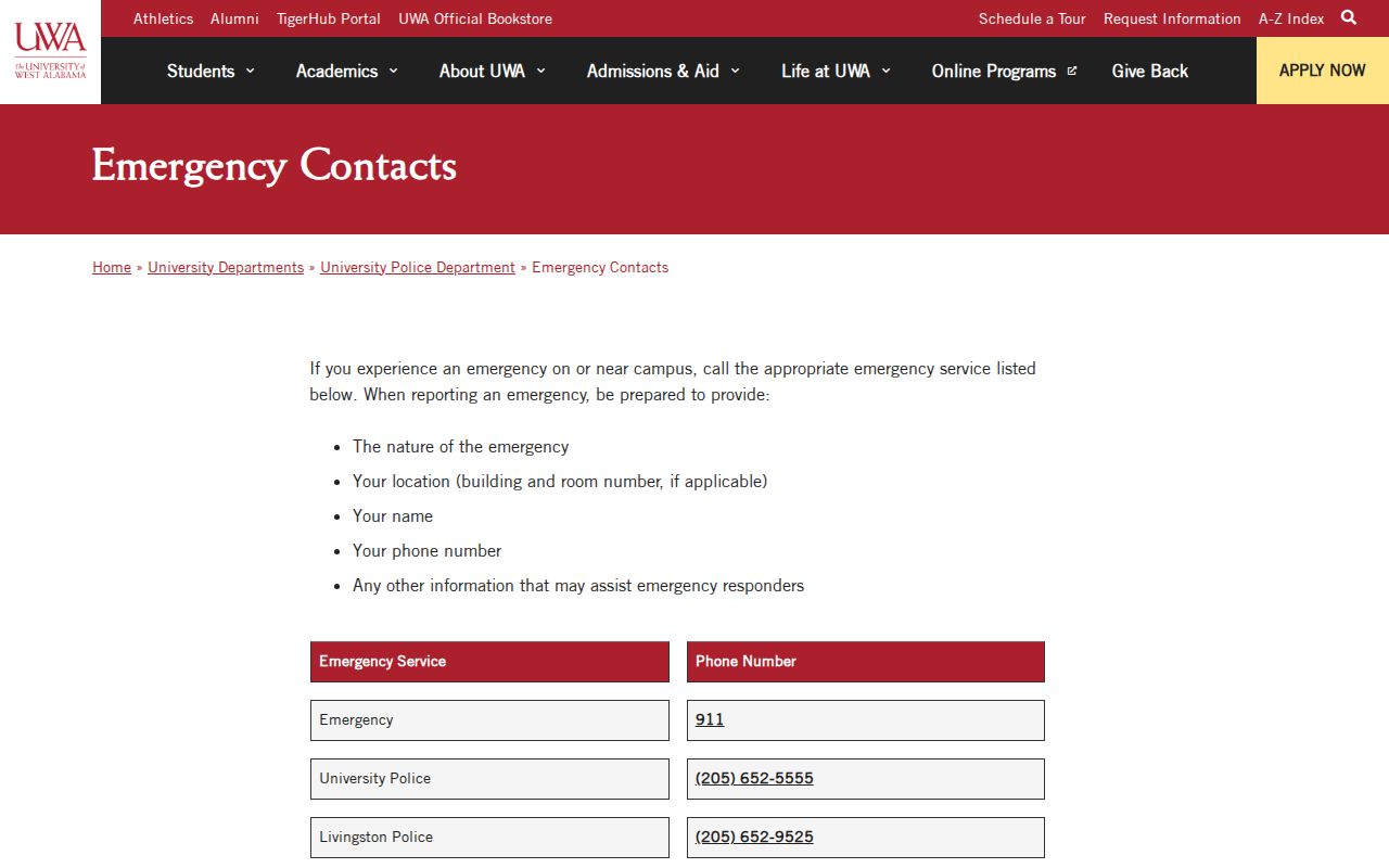 University of West Alabama police contact list with Livingston Police number