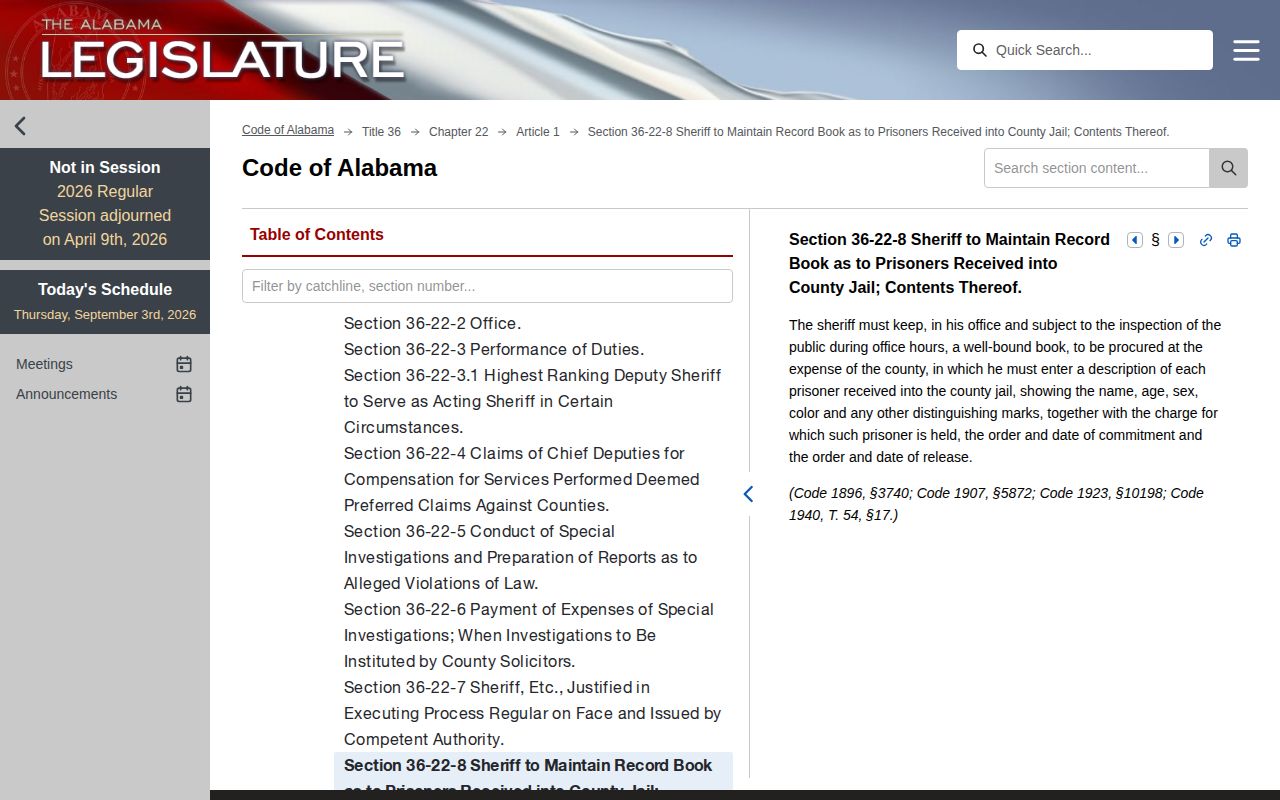Alabama Legislature sheriff prisoner-book inspection statute