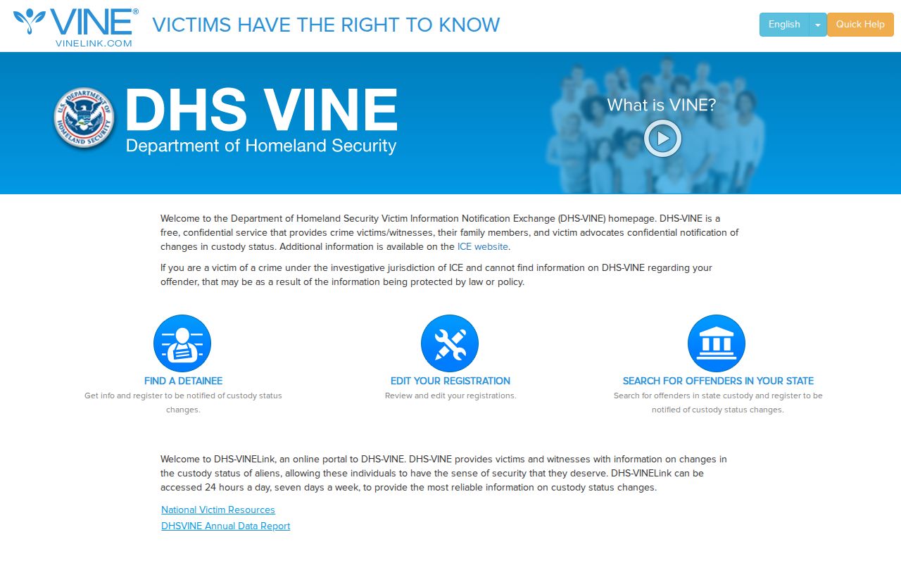 Department of Homeland Security VINELink search and registration interface