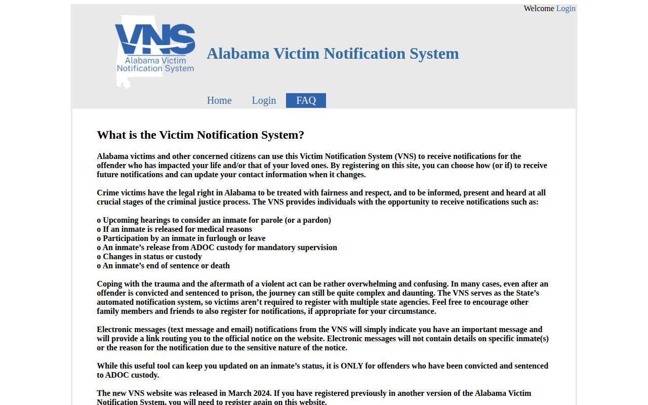 Alabama VNS victim notification frequently asked questions page