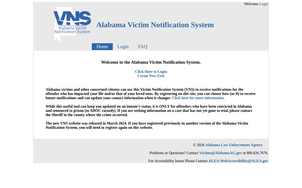 Alabama Victim Notification System login and registration page